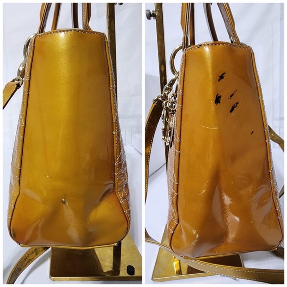 Authentic CHRISTIAN DIOR Patent Cannage Stitched Medium Lady Dior Tote Bag Gold - Picture 8 of 8